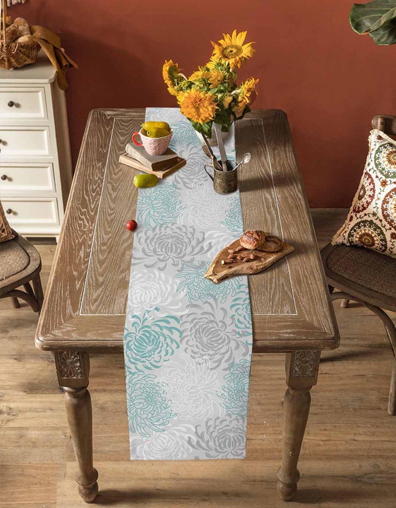 PIEPLE Aqua Chrysanthemum Flowers Table Runner-Cotton Linen-Long 13x90inches Dresser Scarves,Floral Grey Tablerunner for Kitchen Coffee/Dining/End Table Bedroom Living Room,Scarf Decor for Holiday - Image 5